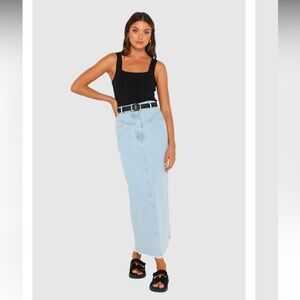 Madison the Label Bailey light wash denim maxi skirt raw hem back slit